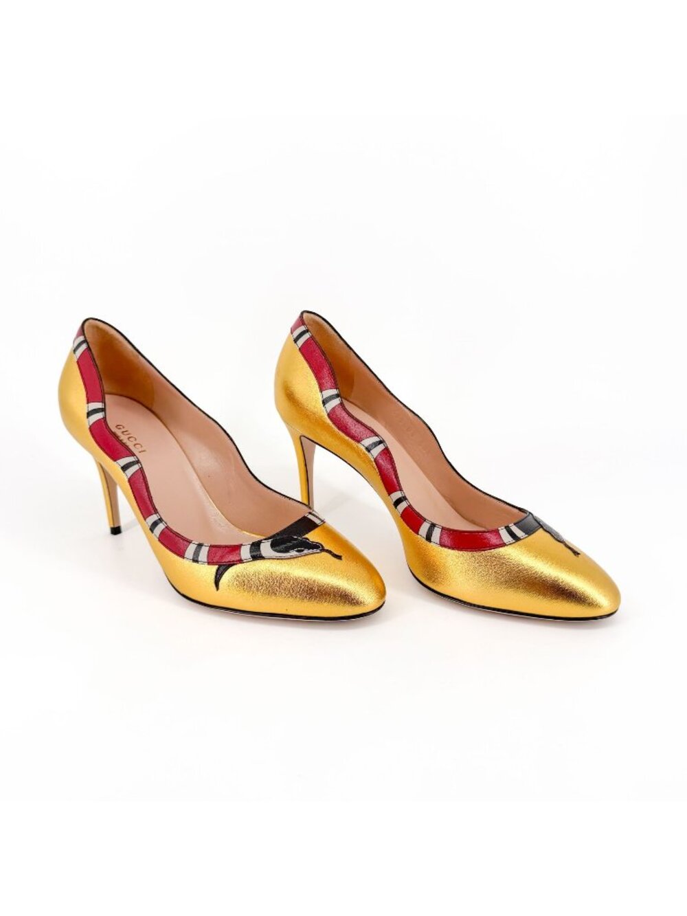 Gucci Yoko Snake Gold Metallic Leather Pumps High Heels Shoes Size 38.5 US 8.5